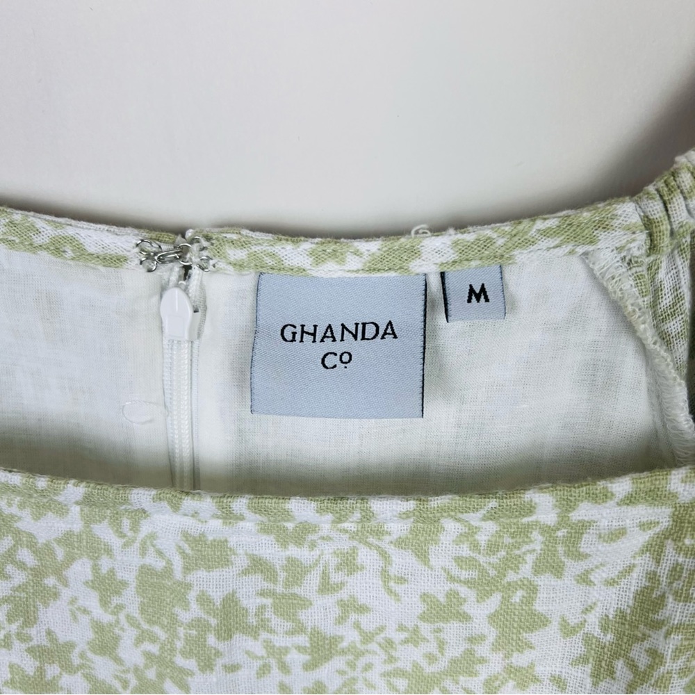 Ghanda Field Mini Dress Green White Floral Back Waist Tie Frill Hem Boho Size M - Picture 9 of 14